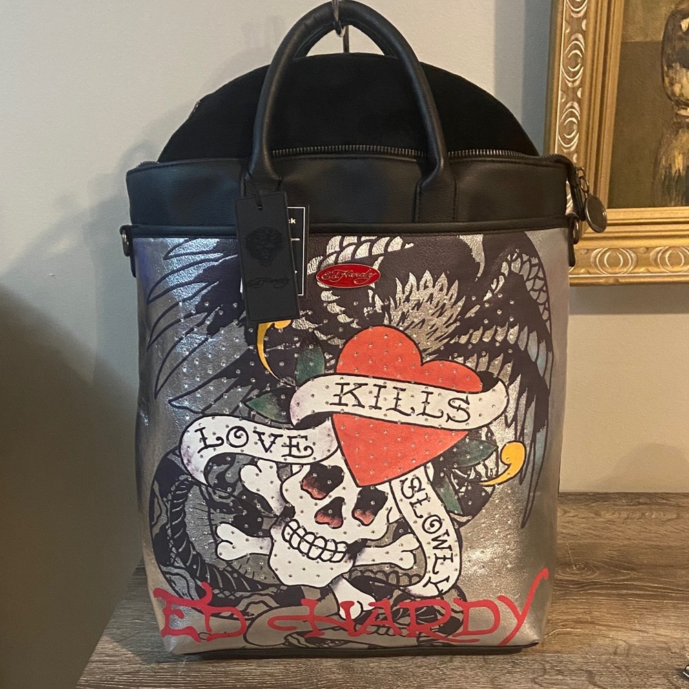 Ed Hardy Silver Black Backpack Tote Bag Red Heart Skull Love Kills Slowly 13x15